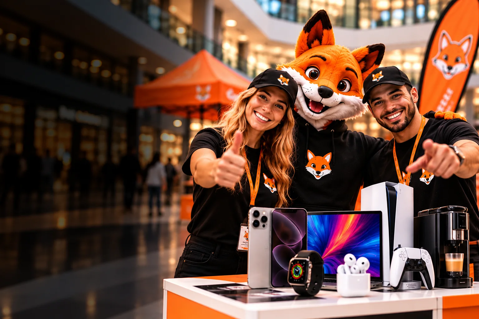 Das cleverfuxx-Team mit Fuchs-Maskottchen am Aktionsstand