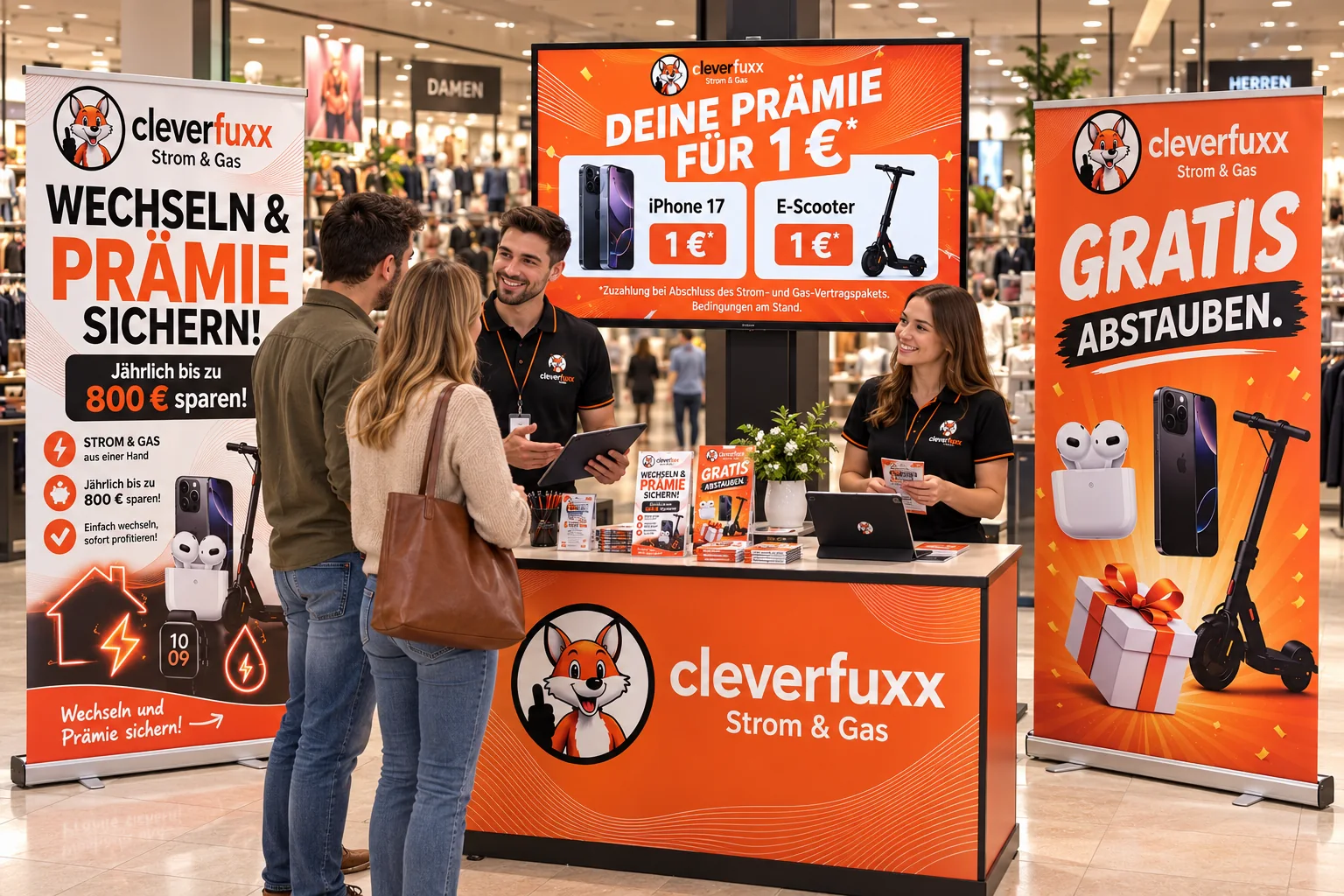cleverfuxx-Aktionsstand im Einkaufszentrum: Berater im Gespräch mit einem Paar, daneben Roll-ups und ein Bildschirm mit Prämien